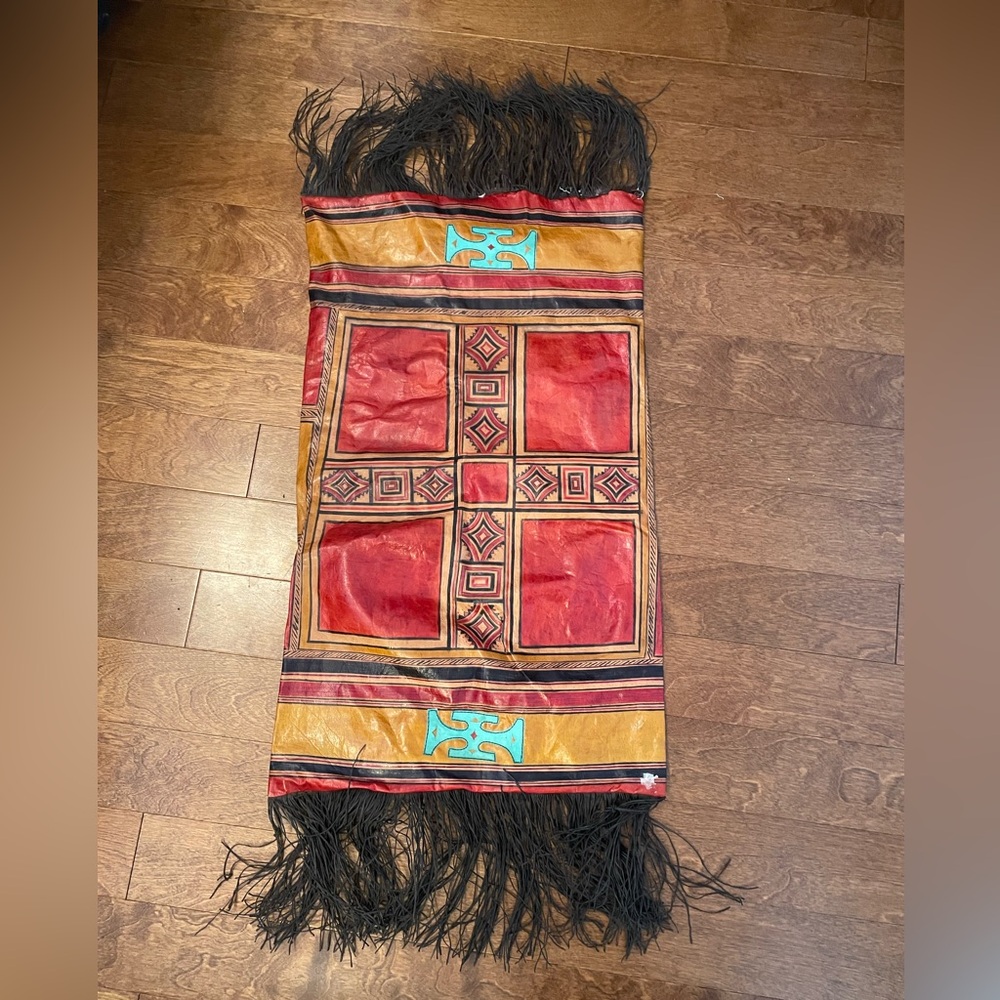 Tuareg leather cushion ,Red  and Gold Fringed Tapestry